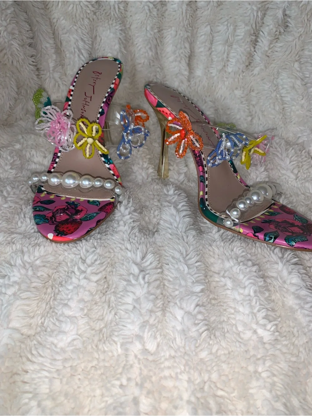 NWOB Betsey Johnson Goldiee Embellished Open-Toe Heels In Berry Multicolor 7.5
